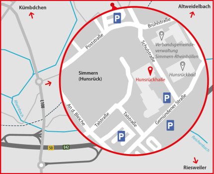 Karte von Simmern mit eingezeichneten Parkmöglichkeiten.