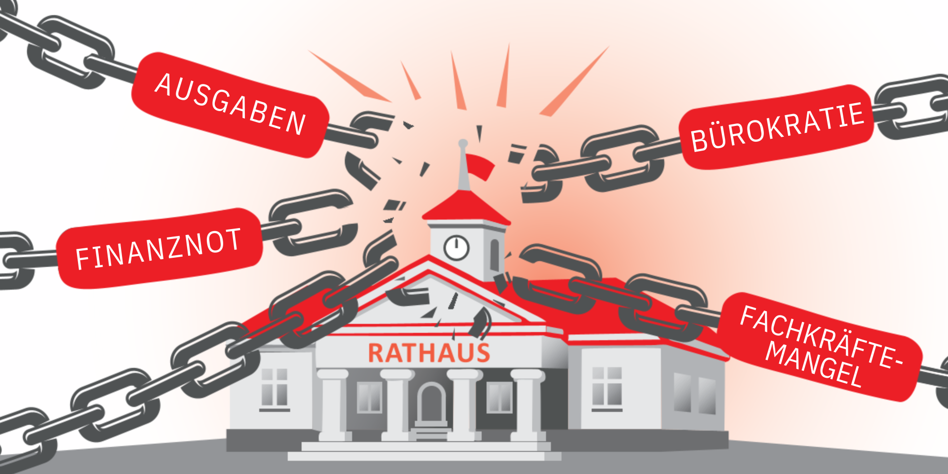 Rathaus sprengt Ketten mit den Begriffen "Ausgaben, Finanznot, Bürokratie, Fachkräftemangel".