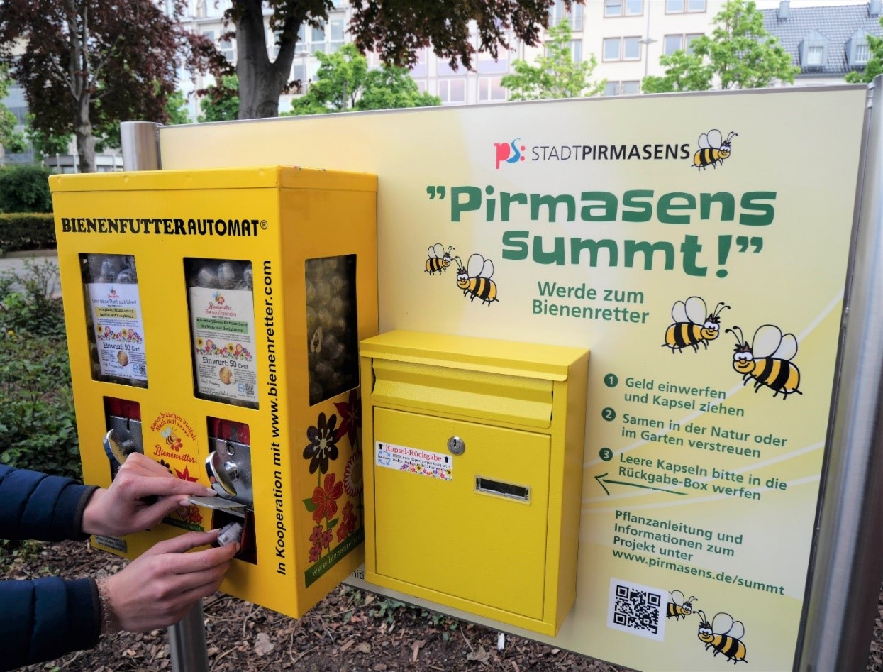 Im Herzen der Stadt: Vor dem Rathaus gibt es Blumensamen aus dem umgerüsteten Kaugummi-Automaten; der Briefkasten daneben nimmt nach der Aussaat die leeren Kapseln wieder auf, damit kein Plastikmüll anfällt.    Bild: Stadt Primasens