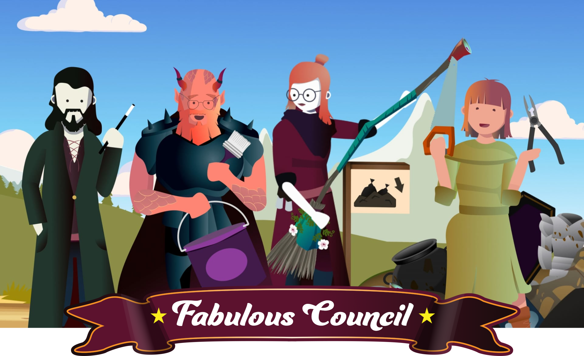 Zu sehen sind ein Hexer, ein Teufel, eine Hexe und eine Bäuerin. Davor der Schriftzug "Fabulous Council".