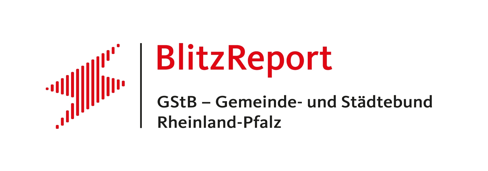 Rotes Blitz-Symbol. Daneben der Schriftzug "BlitzReport GStB – Gemeinde- und Städtebund Rheinland-Pfalz"