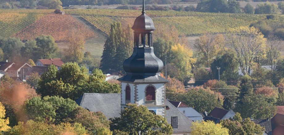 Die Martinskirche markiert die Ortslage in Jugenheim inmitten der Rebenhügel. Foto: Gemeinde Jugenheim