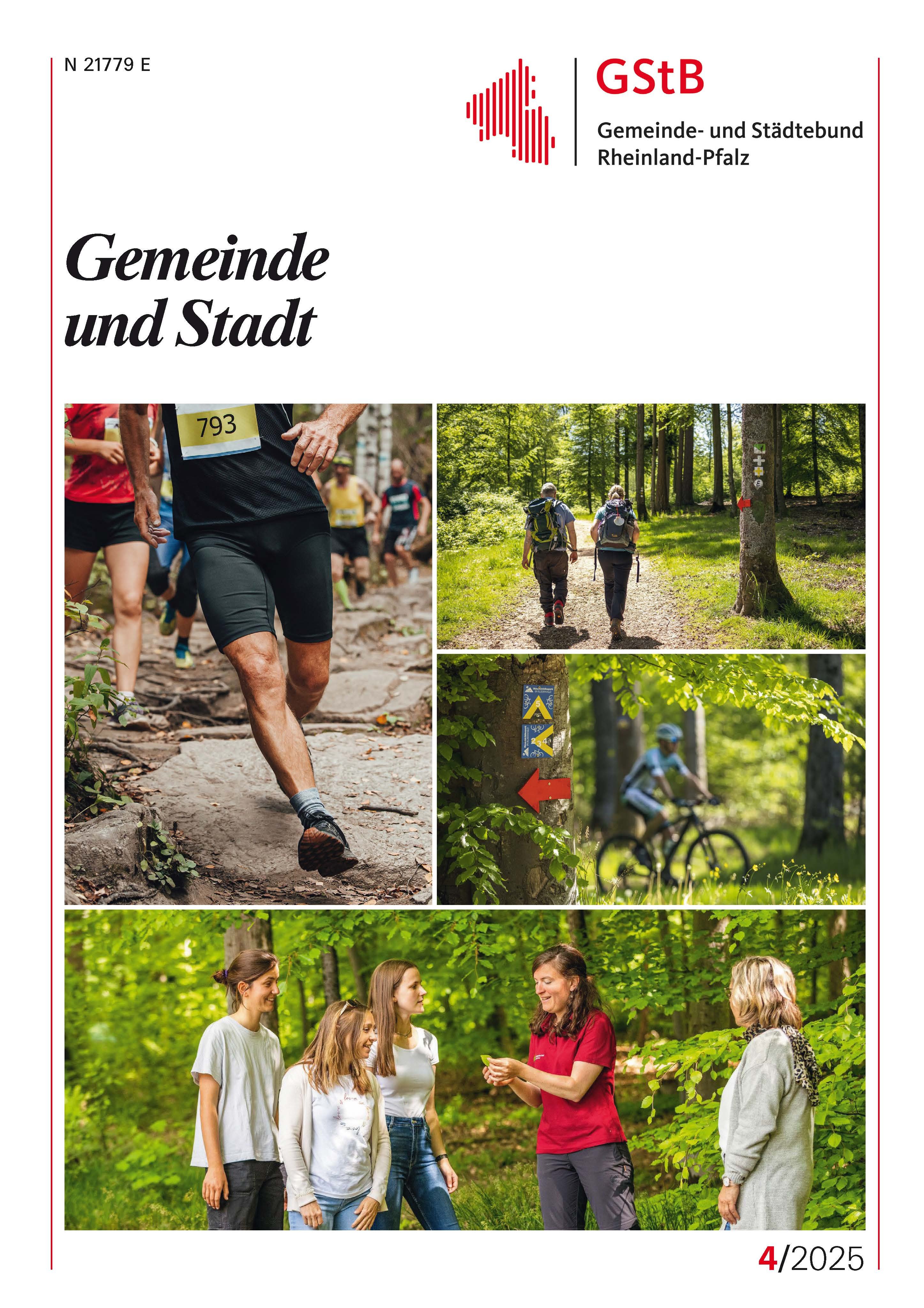 Die April-Ausgabe der Gemeinde und Stadt ist erschienen. Das Cover der Gemeinde und Stadt April 2025 mit einer Bildercollage. Die Bildercollage zeigt einen Marathonläufer im Wald, ein Pärchen mit Rucksäcken, das im Wald wandert, einen Radfahrer im Wald und eine Gruppe Frauen im Wald, die einem Vortrag von einer Referentin lauschen, die ein Blatt eines Baumes in der Hand hält.