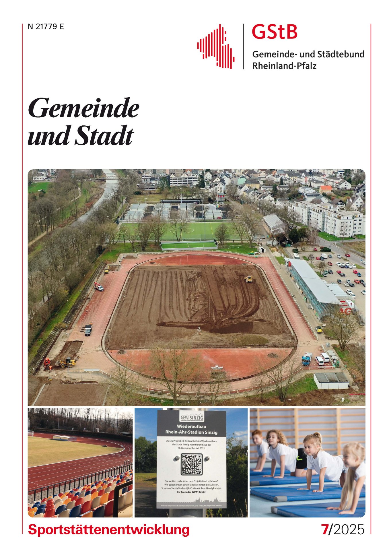 Die neue Ausgabe der Gemeinde und Stadt ist erschienen. Collage mit vier Bildern zum Thema Sportstätten: Luftaufnahme einer Baustelle auf einem Sportplatz, Blick von Tribüne auf Sportplatz, Schild mit Aufschrift "Wiederaufbau Rhein-Ahr-Stadion Sinzig", Kinder in Turnhalle auf blauen Matten.