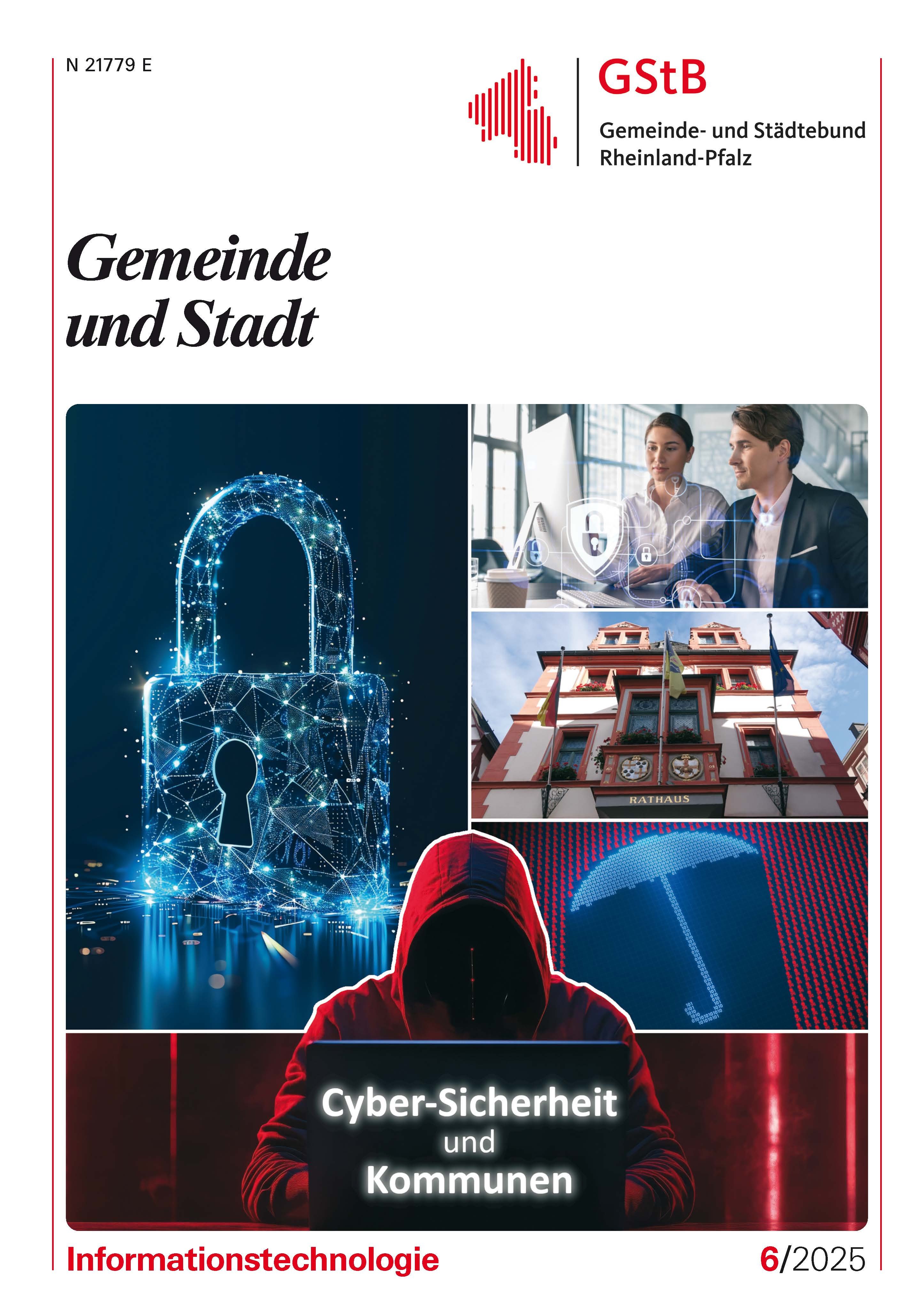 Die neue Gemeinde und Stadt ist erschienen. Collage zu Cyber-Sicherheit in Kommunen: Digitales Vorhängeschloss, zwei Personen am Computer, Rathaus, Regenschirm-Symbol aus Quellcode, Hacker mit Schriftzug 'Cyber-Sicherheit und Kommunen',