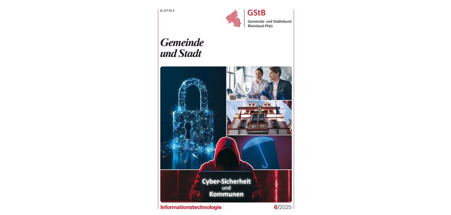 Collage zu Cyber-Sicherheit in Kommunen: Digitales Vorhängeschloss, zwei Personen am Computer, Rathaus,  Regenschirm-Symbol aus Quellcode, Hacker mit Schriftzug 'Cyber-Sicherheit und Kommunen',