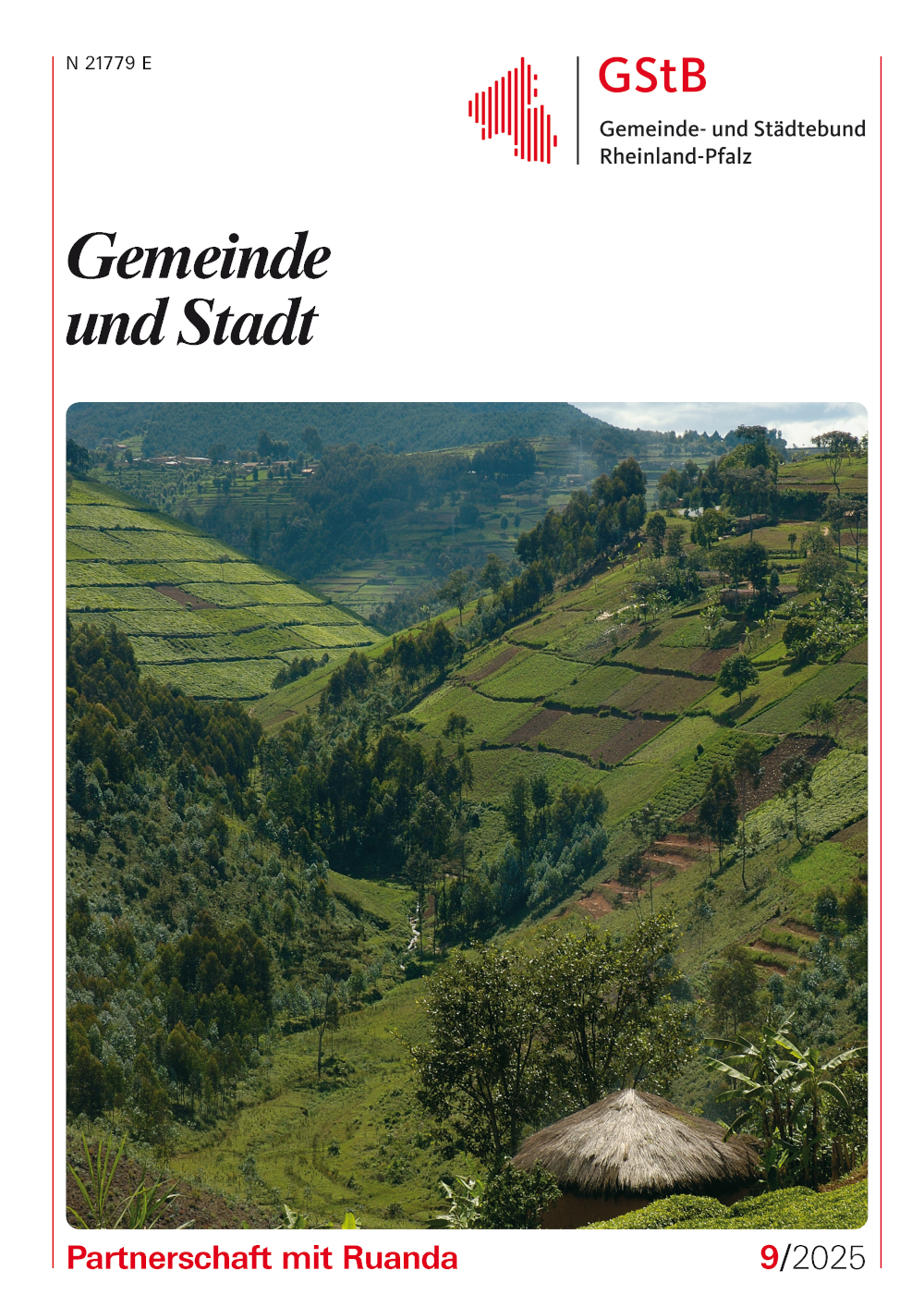 Das Titelbild zeigt eine grüne Hügellandschaft in Ruanda.