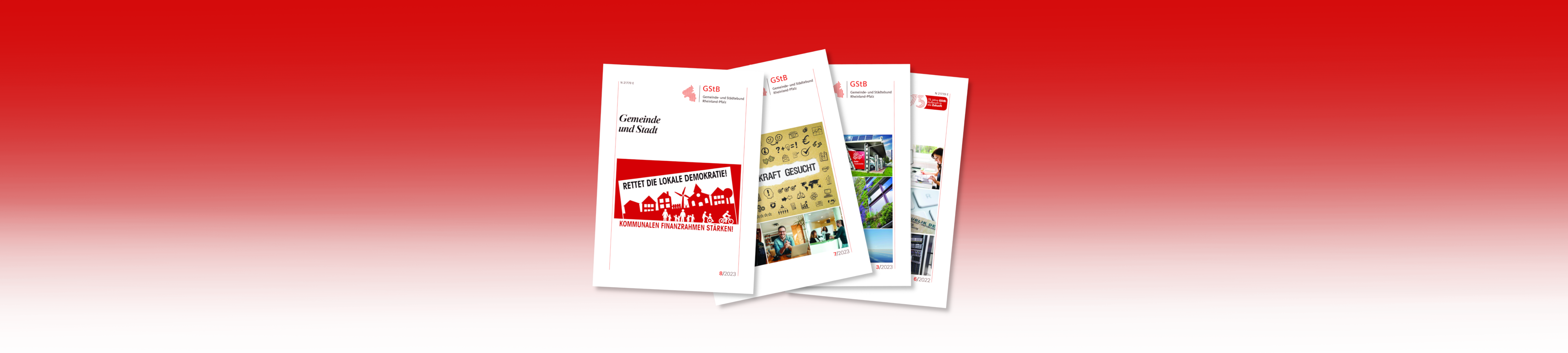 Verschiedene Ausgaben der Gemeinde und Stadt liegen aufgefächert übereinander auf einem rot-weißen Hintergrund mit Farbverlauf.