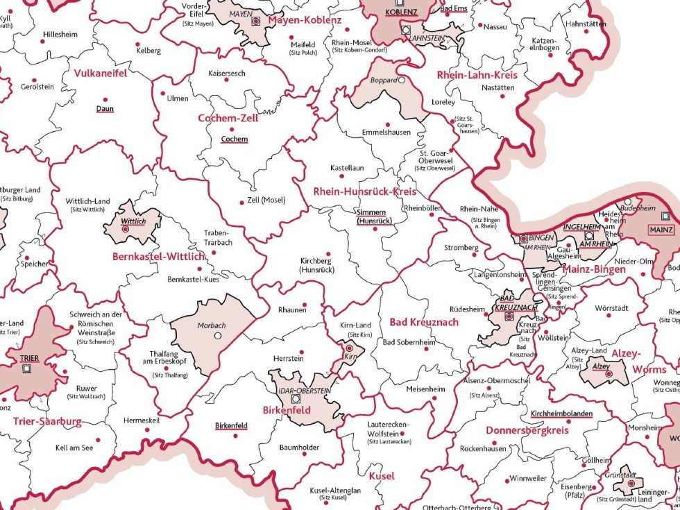 Kreise und Verbandsgemeinden in RLP, Kartenausschnitt, © VermKV