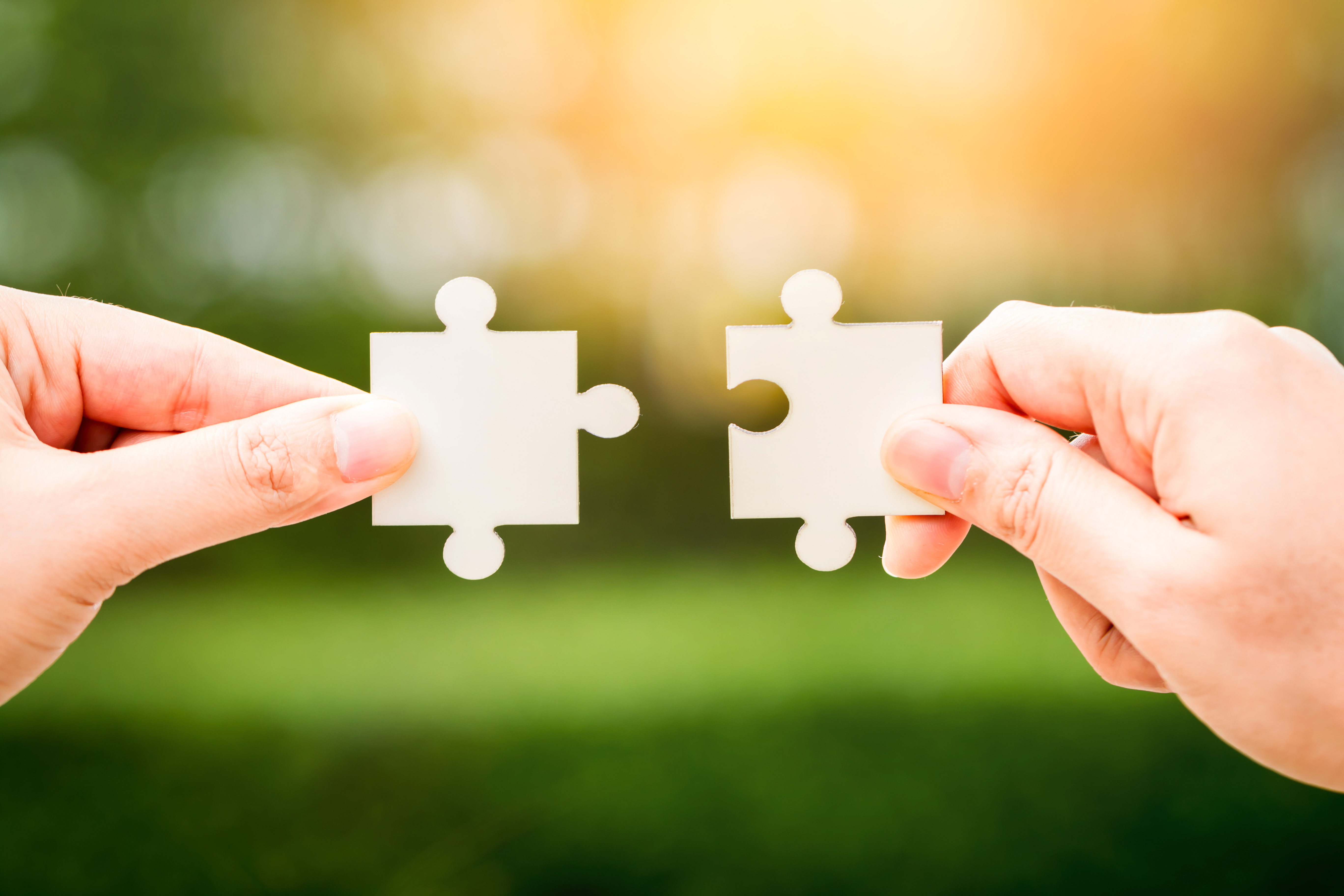 Die Hand einer Frau hält zwei passende Puzzleteile.