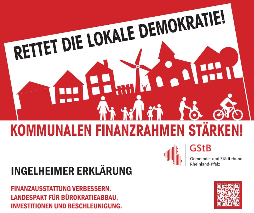 Der Schriftzug "Rettet die lokale Demokratie!" steht über einer roten Stadtlandschaft mit Häusern, Windrad, Menschen, einer Person im Rollstuhl und einer Person auf dem Fahrrad.