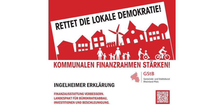 Der Schriftzug "Rettet die lokale Demokratie!" steht über einer roten Stadtlandschaft mit Häusern, Windrad, Menschen, einer Person im Rollstuhl und einer Person auf dem Fahrrad.
