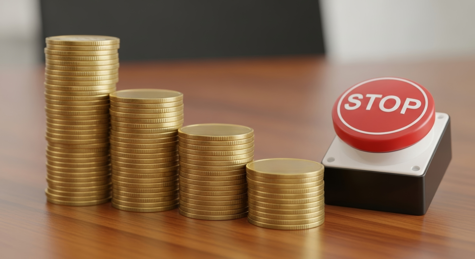 Decline in consumer spending prompts urgent halt to rising costs and shrinking savings as coins stack lower and pause button signals economic drop