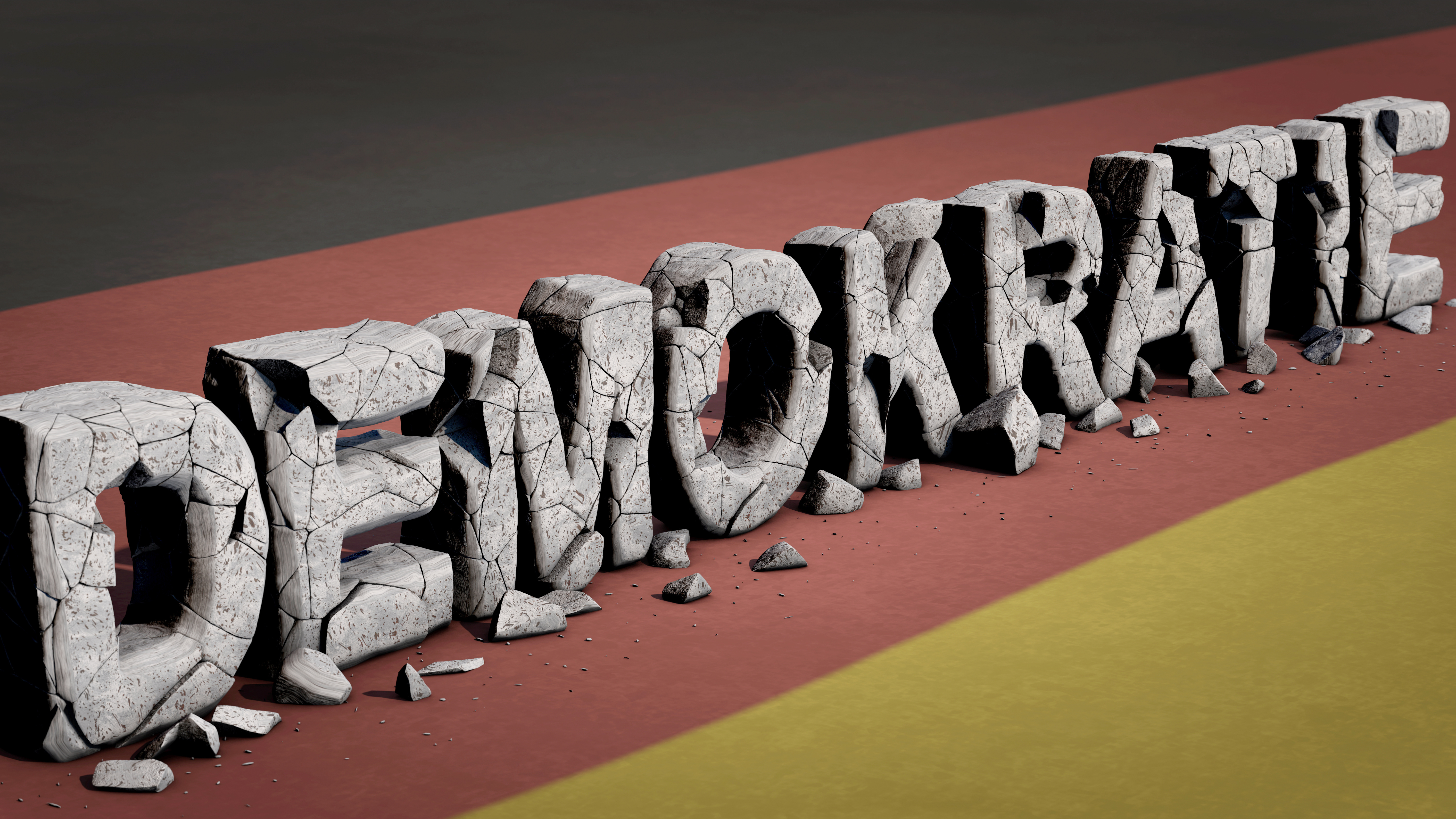 Bröckelnder Schriftzug "Demokratie" vor der Deutschlandflagge.