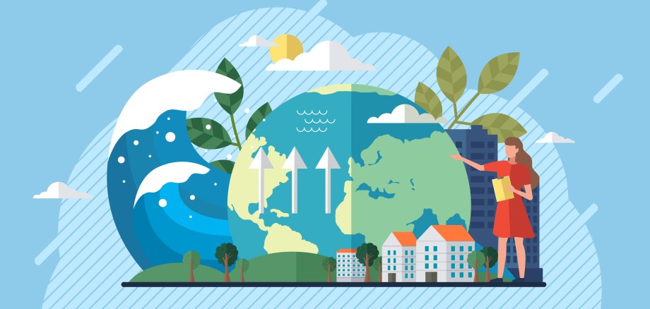 Die Grafik zeigt auf, dass das Klimakonzept geändert werden muss. Die Grafik beschreibt anhand von Symboeln die Rettung des Planeten durch  Abfallrecycling, Pflanzenanbau und Auswahl erneuerbarer Ressourcen.