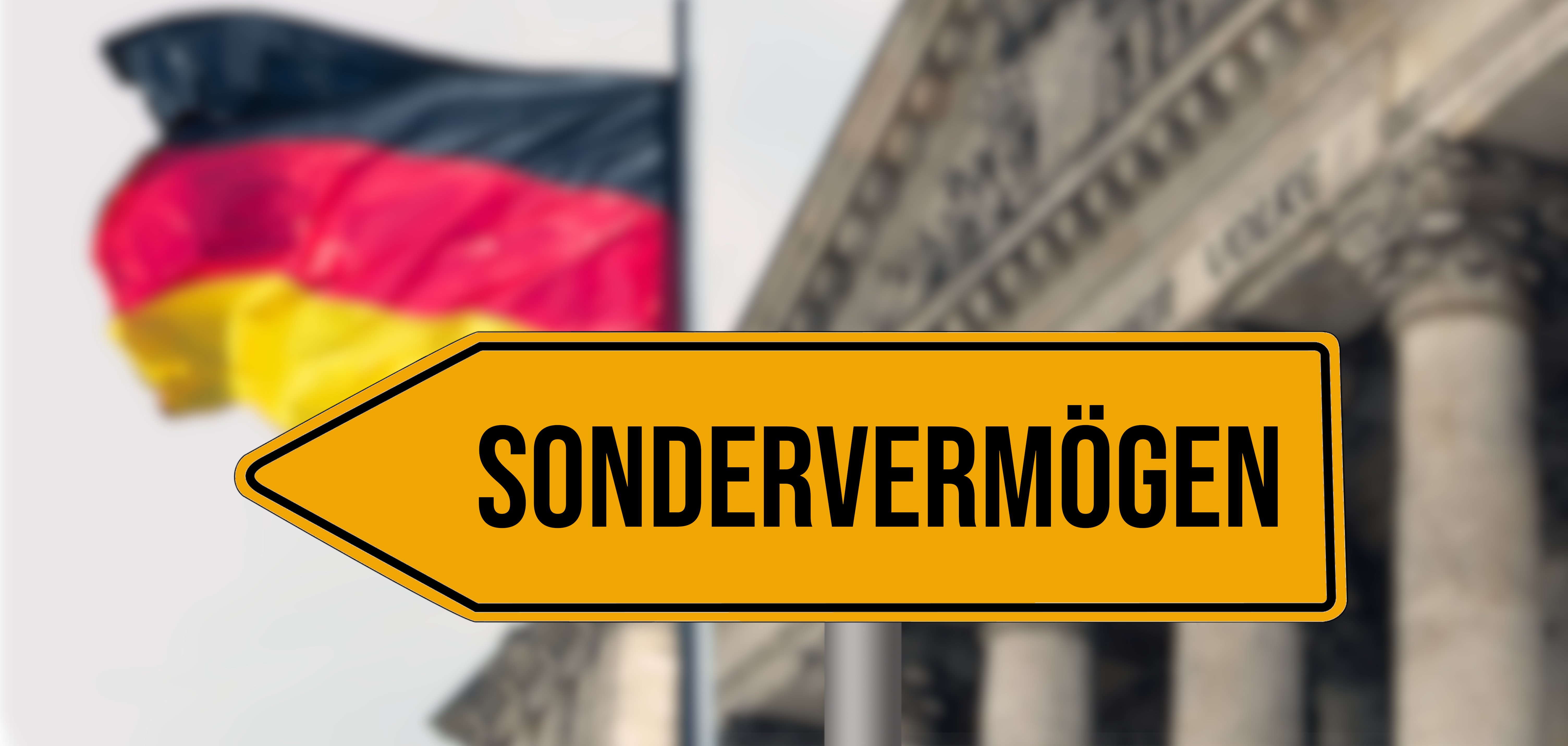 Deutsche Flagge, Reichstaggebäude in Berlin und Schild Sondervermögen
