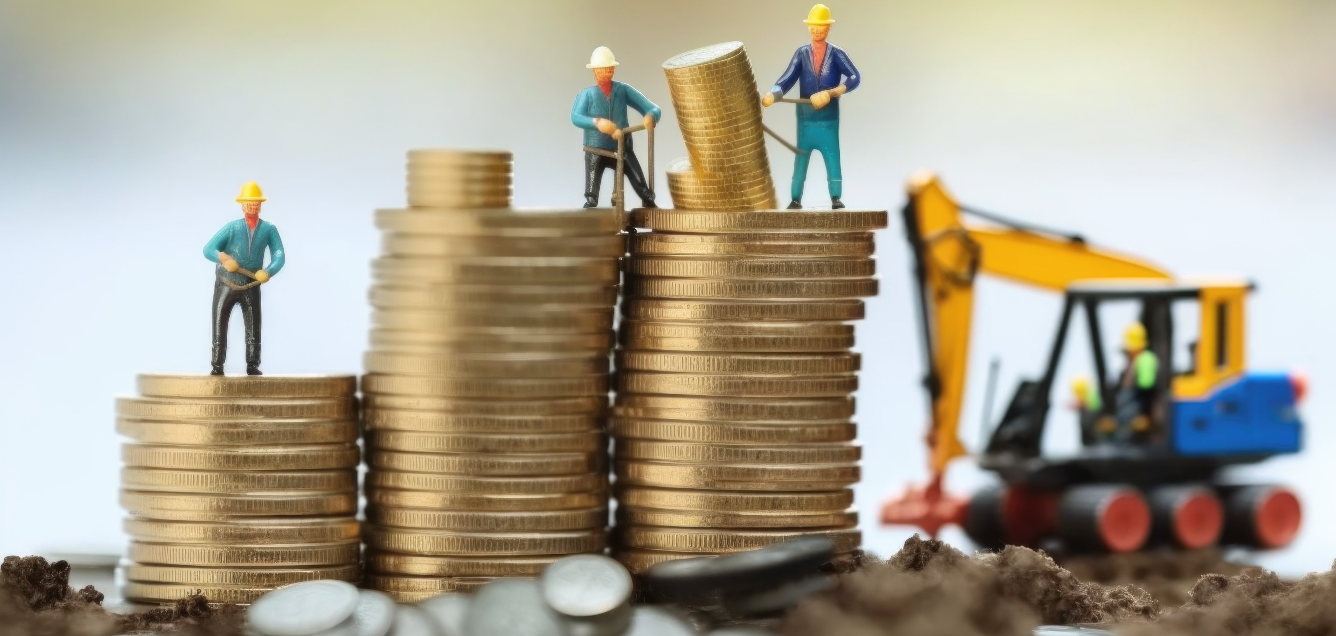 Kleine Bauarbeiterfiguren stehen auf gestapelten Münzen
