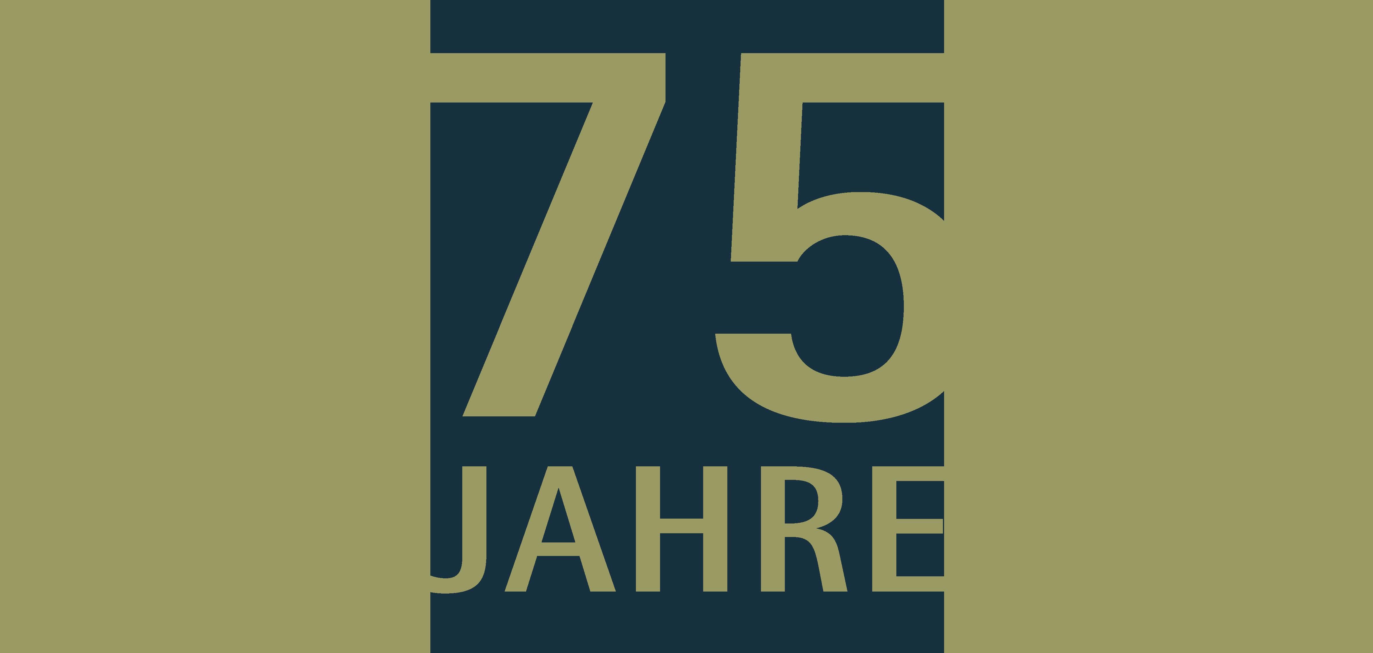 Schriftzug "75 Jahre" auf goldenem Hintergrund.