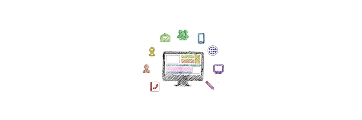 Illustration eines Computerbildschirms umgeben von Icons.