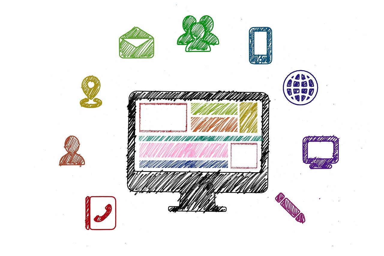 Illustration eines Computerbildschirms umgeben von Icons.