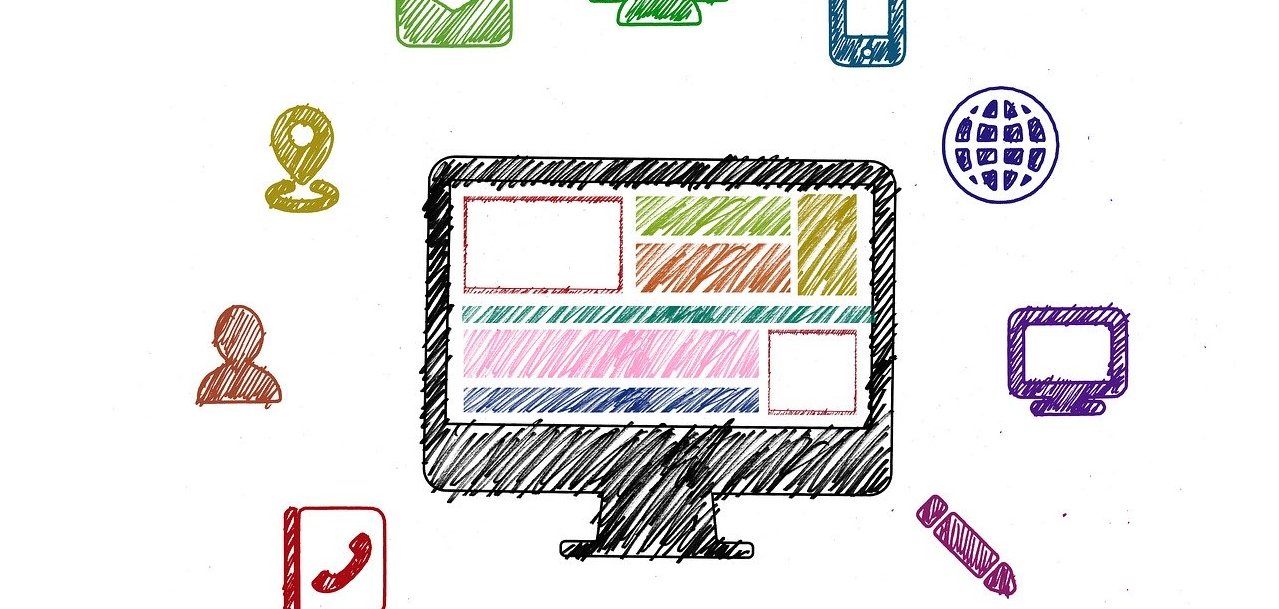 Illustration eines Computerbildschirms umgeben von Icons.