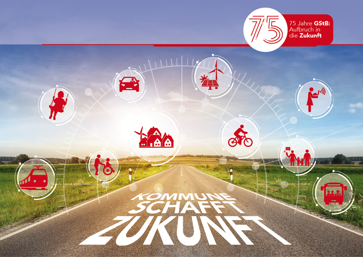 Straße mit der Aufschrift "Kommune schafft Zukunft". Die Straße ist umgeben von grüner Landschaft. Über ihr schweben rote Icons zum Thema Zukunft.