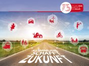 Straße mit der Aufschrift "Kommune schafft Zukunft". Die Straße ist umgeben von grüner Landschaft. Über ihr schweben rote Icons zum Thema Zukunft.