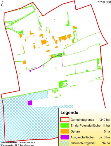 Karte mit Potenzialflächen, hier am Beispiel der Gemeinde Bornheim. Die Aufwertung vorhandener Flächen ist nicht nur für „Eh da-Kommunen“ ein wichtiges Thema, es spielt auch in vielen „KlikK aktiv“- und „KlikKS“-Projekten der Energieagentur Rheinland-Pfalz eine zentrale Rolle