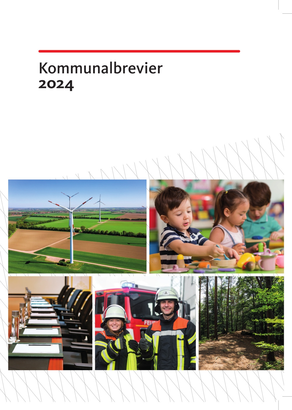 Cover des Kommunalbreviers mit einer Collage, die Windräder, Kindergartenkinder, einen Sitzungssaal, Feuerwehrleute und einen Wald zeigt.